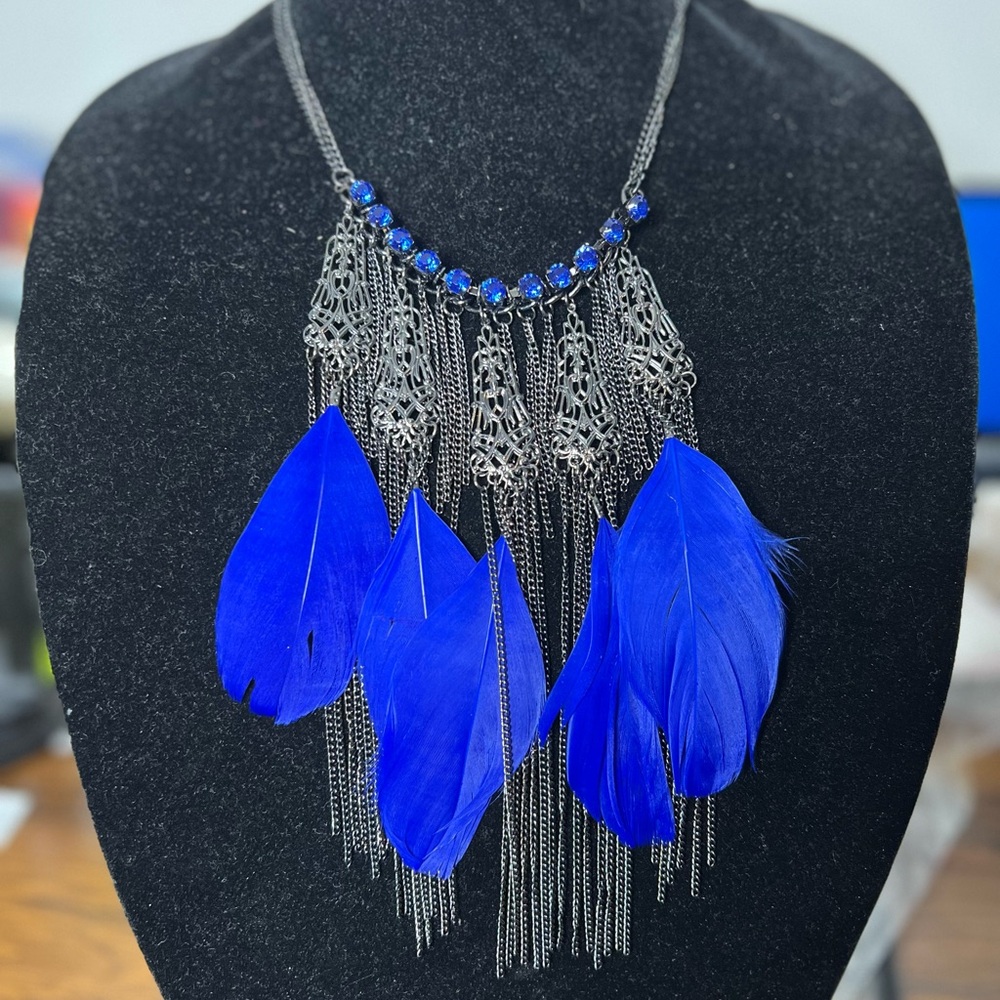 Blue Feather Statement Necklace